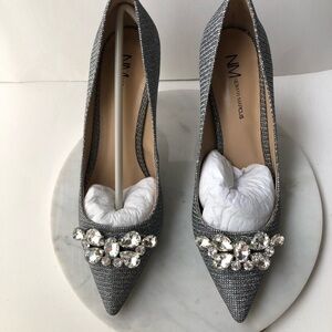 Neiman Marcus Silver Isabel Pointed Toe Glitter Embellished Pumps 8
